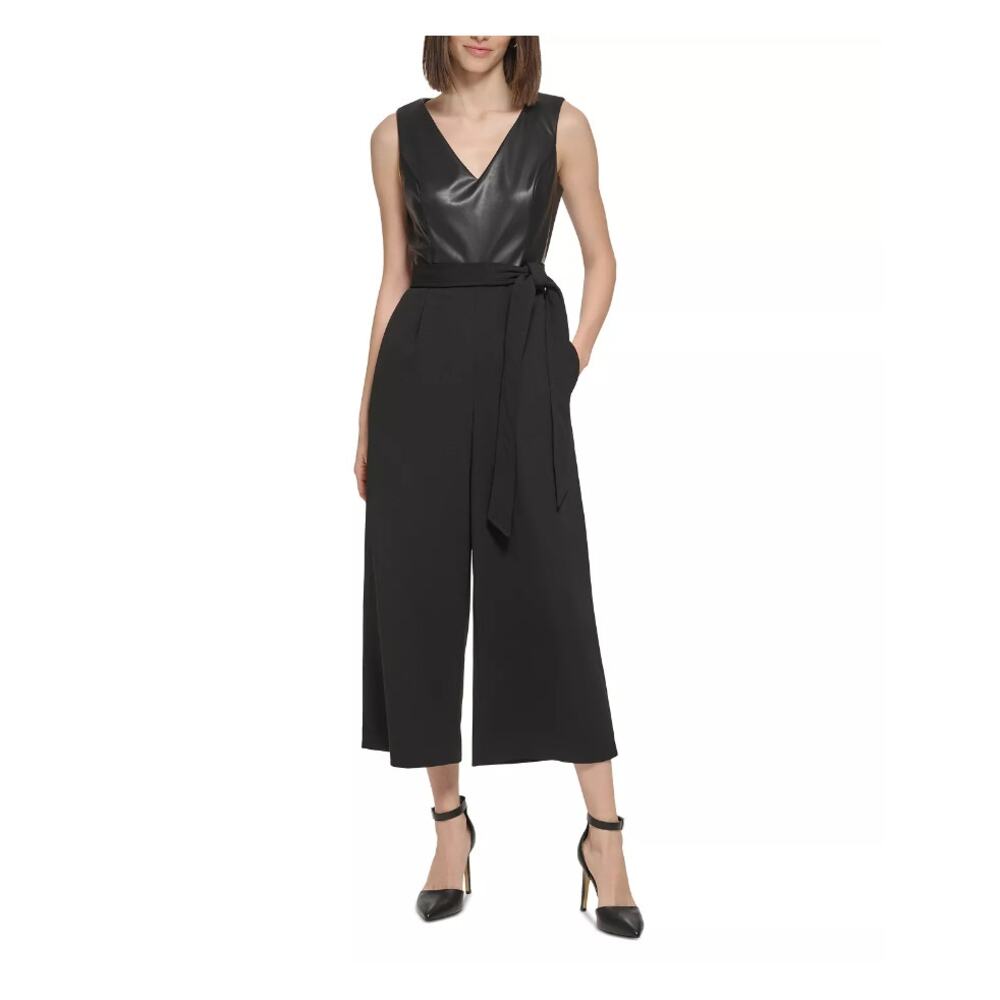 NWT Calvin Klein Red Wine Faux-Leather-Top Belted Wide Cropped Jumpsuit sz 8